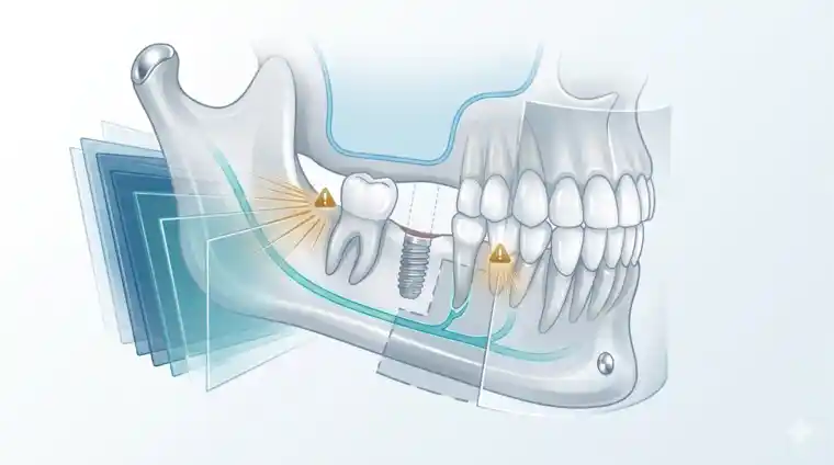 Dental implant risk illustration showing hidden jawbone, nerve and sinus details that may be missed without CBCT imaging.