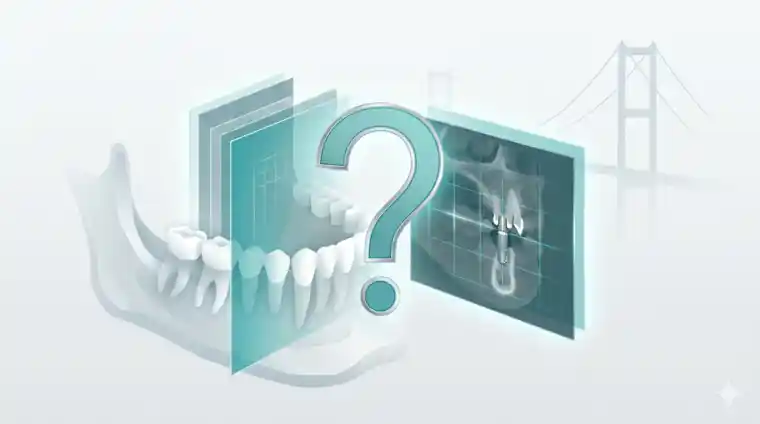 FAQ image for CBCT scan before dental implants with question mark, 3D dental imaging elements and subtle Bosphorus Bridge background.