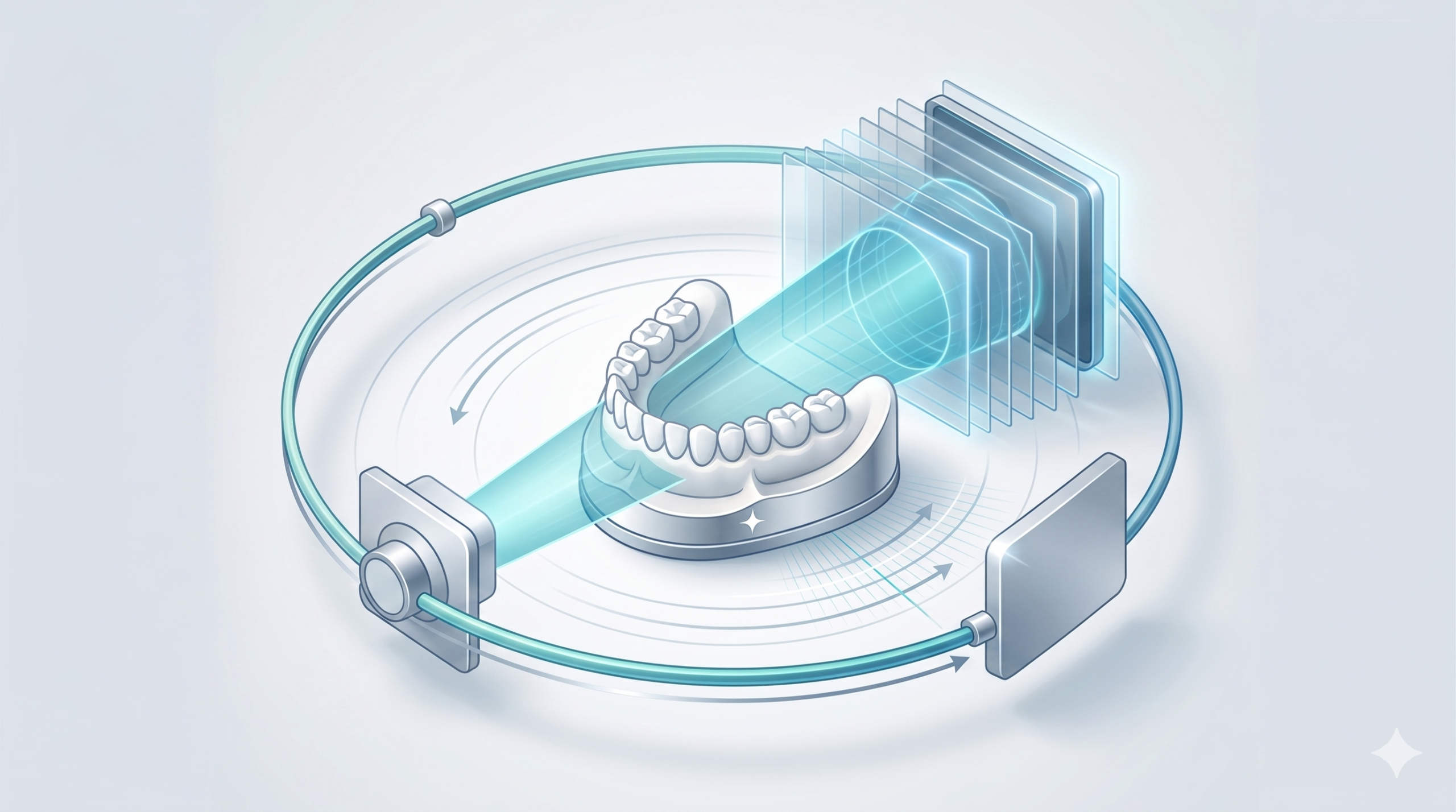 CBCT dental scan process showing a cone-shaped scan beam rotating around teeth and jawbone to create 3D dental images.