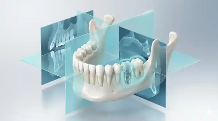 cbct-scan-before-dental-implants- - 3D CBCT scan visualization showing jawbone, teeth and dental implant planning with layered imaging panels