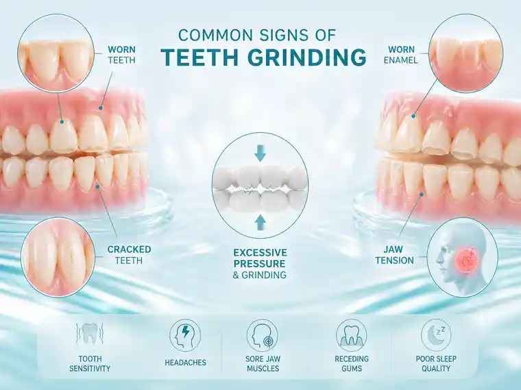 Dental illustration showing common signs of teeth grinding, including worn teeth, small cracks, jaw tension, and pressure caused by bruxism