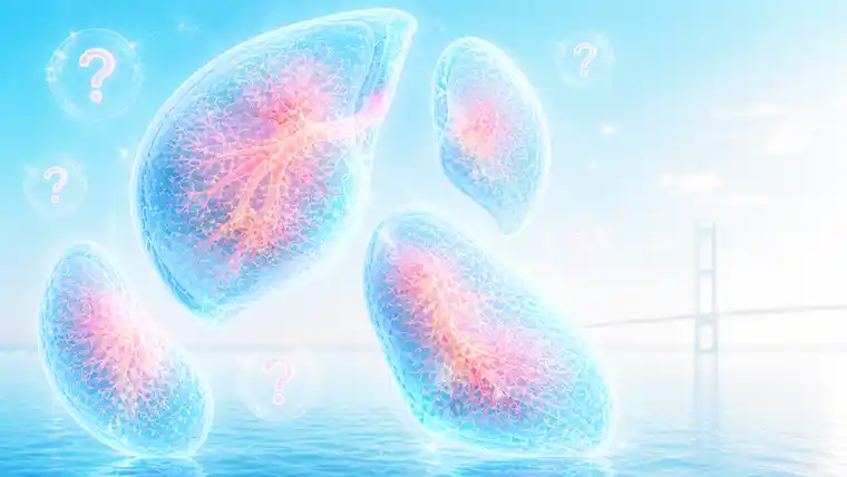 COPD chronic inflammation illustration with inflamed floating lungs, question marks and a subtle Bosphorus Bridge background