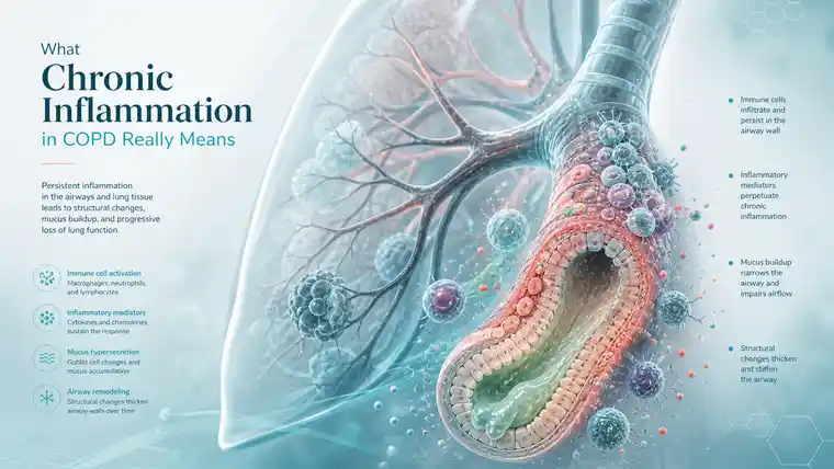 COPD chronic inflammation illustration showing irritated lung tissue, immune activity and chronic airway inflammation