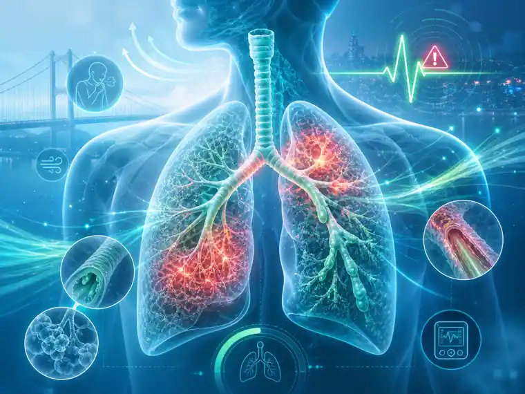 COPD exacerbations and flare-ups illustration with inflamed lungs, warning signs and a subtle Bosphorus Bridge Istanbul Turkey
background