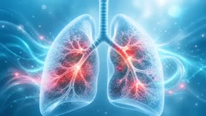 COPD exacerbations illustration showing inflamed lungs and flare-up related lung inflammation in a medical style