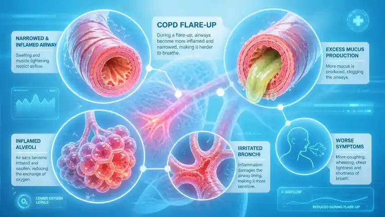 COPD flare-up illustration showing airway inflammation, mucus buildup and restricted airflow inside the lungs