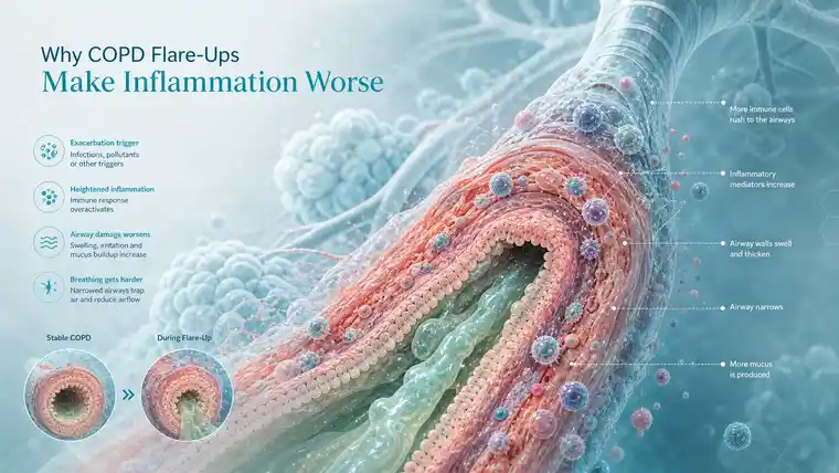 COPD flare-ups illustration showing worsening lung inflammation, airway narrowing and increased mucus during exacerbations