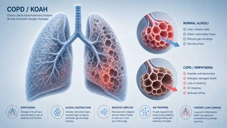 COPD lung damage illustration showing emphysema and alveoli destruction with reduced airflow