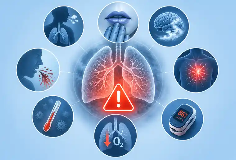 COPD urgent warning signs illustration showing lung distress, low oxygen, breathing difficulty and emergency medical risk