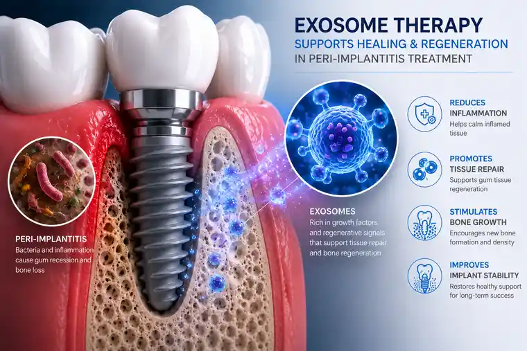 Exosome particles supporting gum tissue repair and bone healing around a dental implant after peri-implantitis treatment