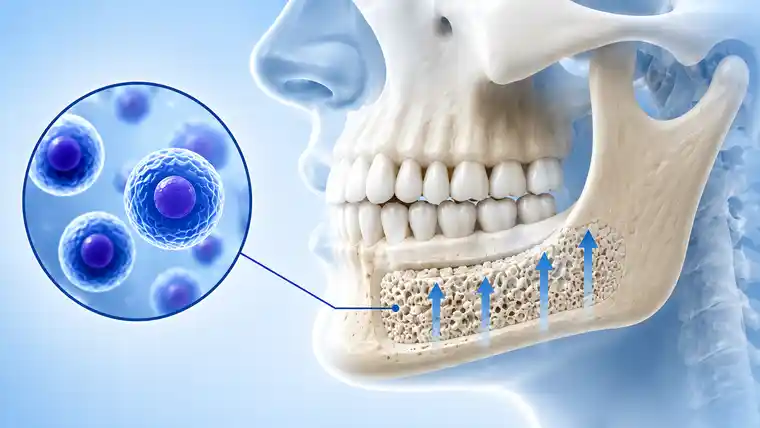 Illustration showing how stem cells may support jaw bone regeneration and new bone growth in the lower jaw