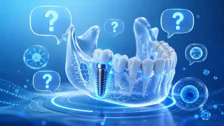 FAQ illustration about jaw bone regeneration with a dental implant, blue question icons, and stem cell concepts
