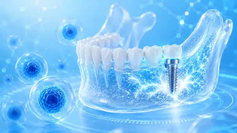 Jaw bone regeneration with stem cells shown in a dental implant and bone graft illustration