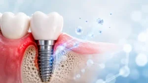 Dental implant with inflamed gum tissue and exosome particles showing regenerative support for peri-implantitis treatment