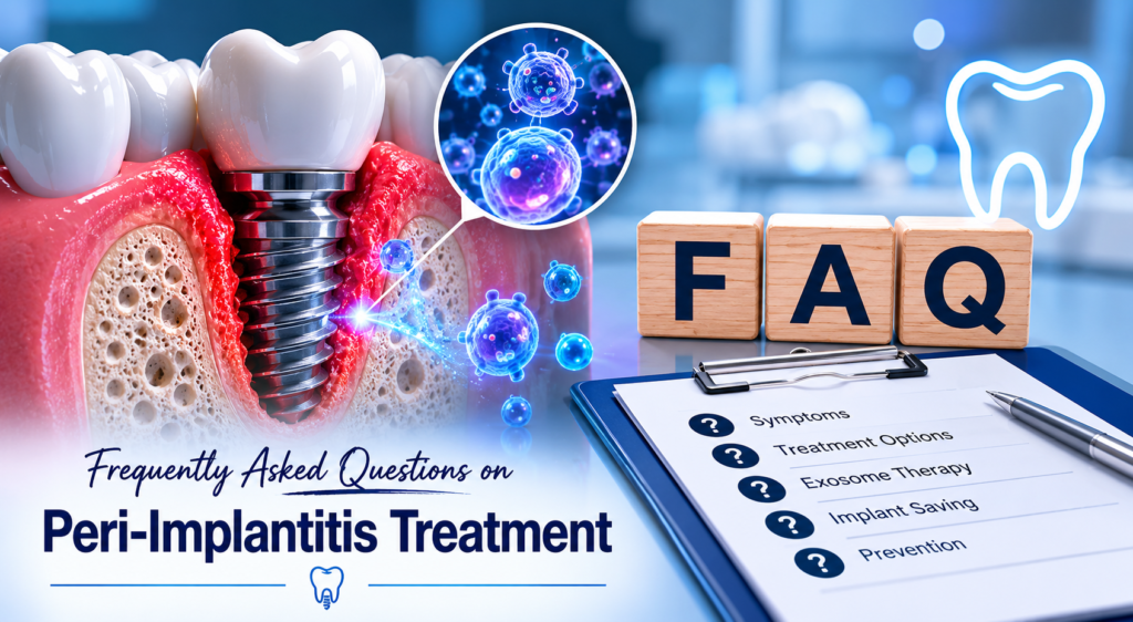 FAQ image showing peri-implantitis treatment questions, an inflamed dental implant, and exosome particles supporting healing around the implant.