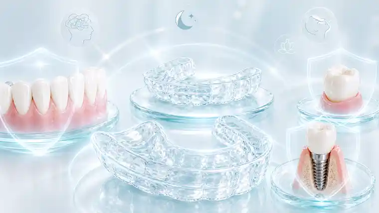 Dental illustration showing how to protect veneers and dental implants from teeth grinding, with a night guard, restored crowns, veneers, and an implant in soft clinical colors.