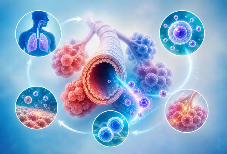 Regenerative medicine for COPD chronic inflammation showing supportive lung signals, exosome-inspired particles and tissue support