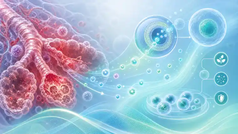 Regenerative medicine for COPD flare-ups showing supportive lung signals, stem cells and exosome-inspired medical visualization