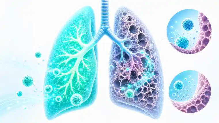 Regenerative medicine for COPD showing stem cells and exosomes interacting with lung tissue