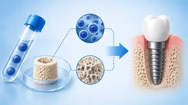 Medical illustration showing the role of stem cells, bone graft scaffold, and biomaterials in jaw bone regeneration around a dental implant
