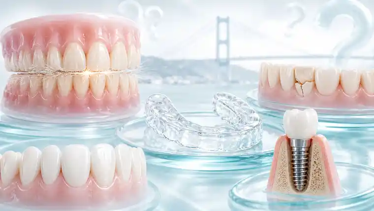 FAQ illustration about teeth grinding showing bruxism, a night guard, damaged dental crowns, damaged veneers, and a dental implant, with a light Bosphorus Bridge background in soft clinical colors.