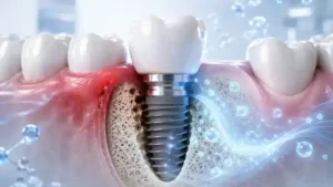 Dental implant failure with inflamed gum tissue and exosome particles showing regenerative support for peri-implantitis treatment