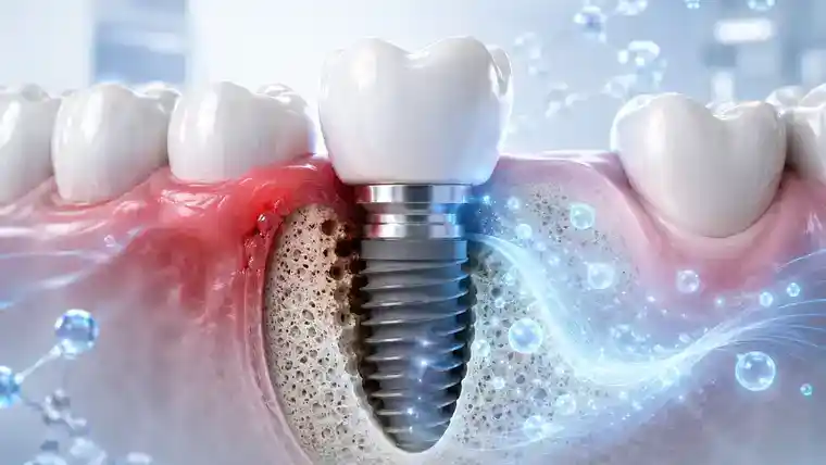 Dental implant failure with inflamed gum tissue and exosome particles showing regenerative support for peri-implantitis treatment