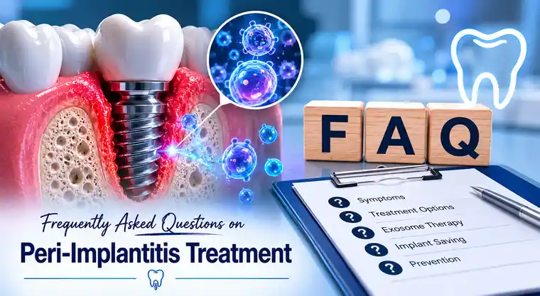 FAQ image showing peri-implantitis treatment questions, an inflamed dental implant, and exosome particles supporting healing around the implant.