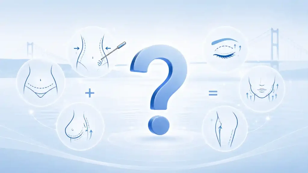 Symbolic FAQ image about combined cosmetic surgeries showing tummy tuck, liposuction, breast, eyelid, face and thigh procedure icons around a question mark, with a subtle Bosphorus Bridge in the background