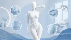 Combined cosmetic surgeries - Woman with cosmetic surgery planning markings showing combined procedures for breasts, eyelids, abdomen and thighs.