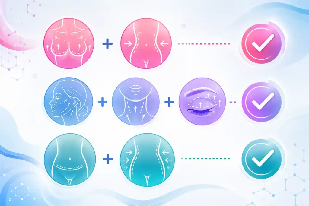 Symbolic illustration of combined cosmetic surgeries showing breast surgery with liposuction, facelift with neck and eyelid surgery, and tummy tuck with waist contouring.