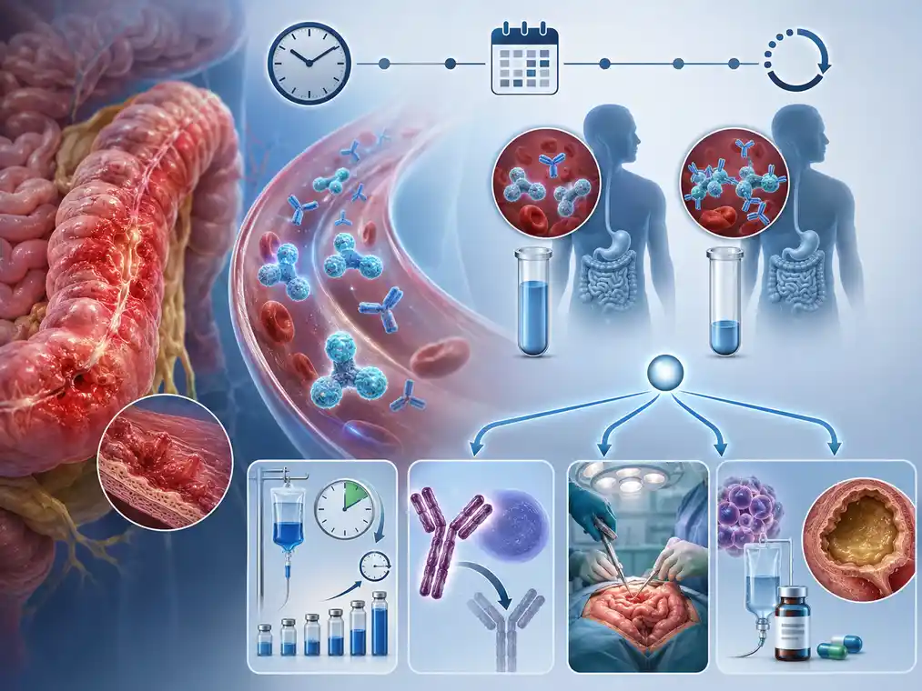 Crohn’s biologic therapy illustration showing inflamed intestine, drug levels, antibodies, blood testing, and treatment timing