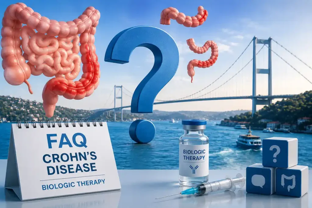 FAQ image for Crohn’s biologic therapy in Istanbul showing a question mark, biologic medication, bowel model, and Bosphorus Bridge in the background
