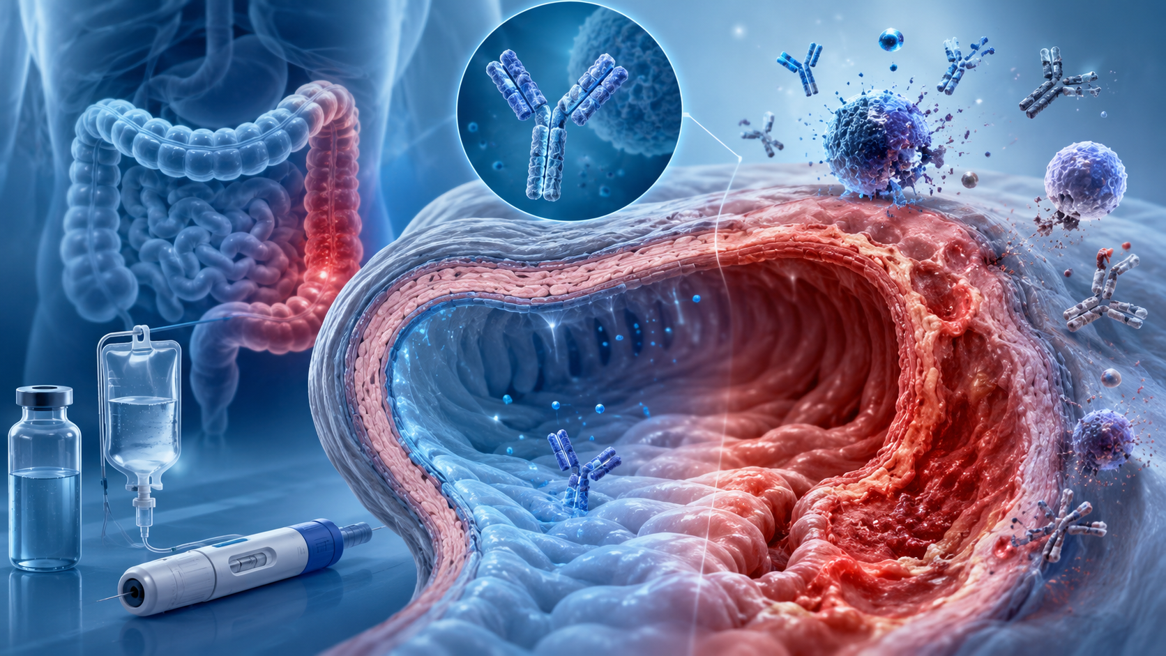 Crohn’s biologic therapy illustration showing biologic medication, syringe, and inflamed bowel for Crohn’s disease treatment