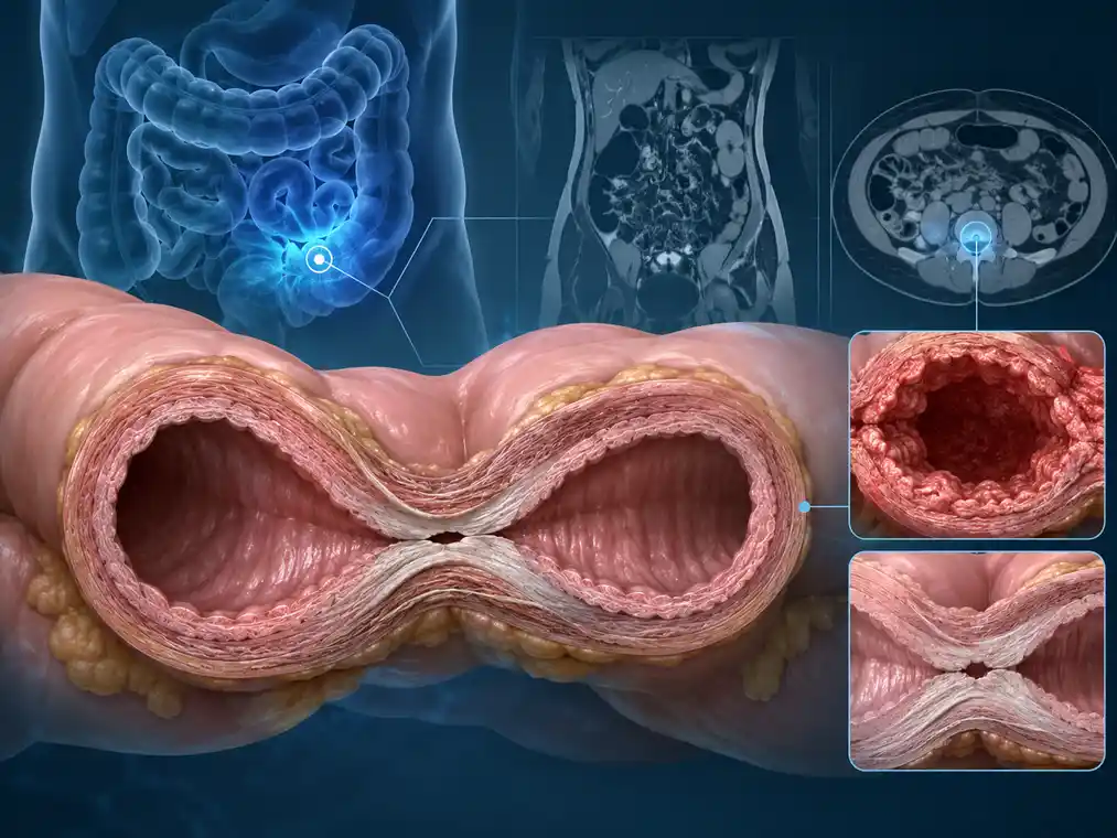 Crohn’s biologic therapy illustration showing bowel stricture, scar tissue narrowing, and imaging-based evaluation of intestinal narrowing