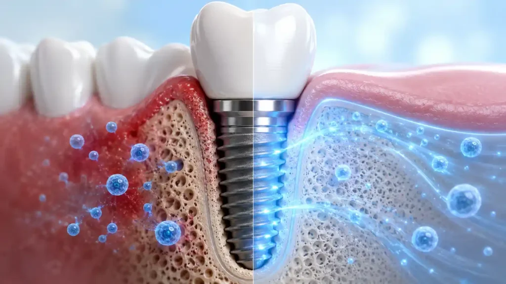 Exosome particles supporting bone formation and soft tissue healing around a dental implant after implant failure