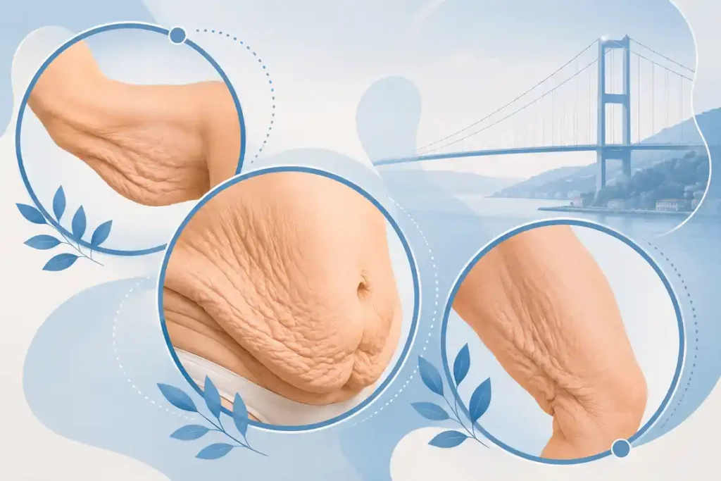Stylised medical FAQ illustration showing loose skin after weight loss on the abdomen, arm and thigh, with a subtle Bosphorus Bridge in the background.