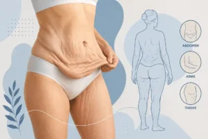 Stylised medical illustration showing loose skin after major weight loss around the abdomen, arms and thighs.