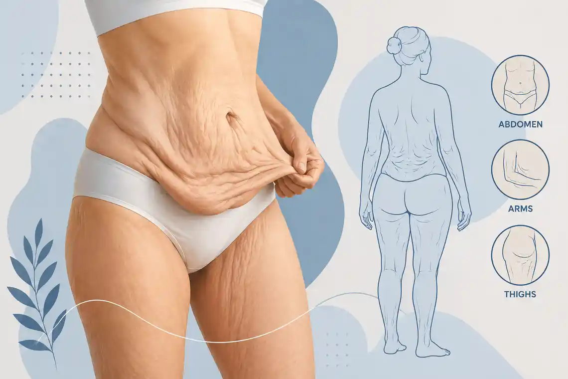 Stylised medical illustration showing loose skin after major weight loss around the abdomen, arms and thighs.