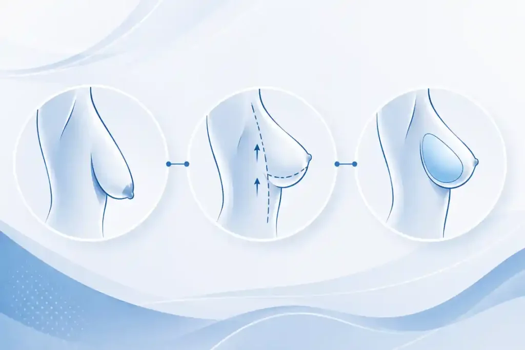 Medical illustration showing breast lift, breast implants and breast reduction options after pregnancy as part of mommy makeover surgery.