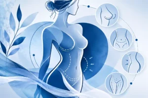 Stylized medical illustration of mommy makeover surgery after pregnancy showing breast lift, tummy tuck and body contouring procedures with a blue clinical design.