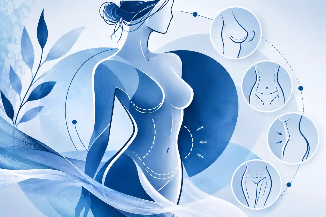 Stylized medical illustration of mommy makeover surgery after pregnancy showing breast lift, tummy tuck and body contouring procedures with a blue clinical design.