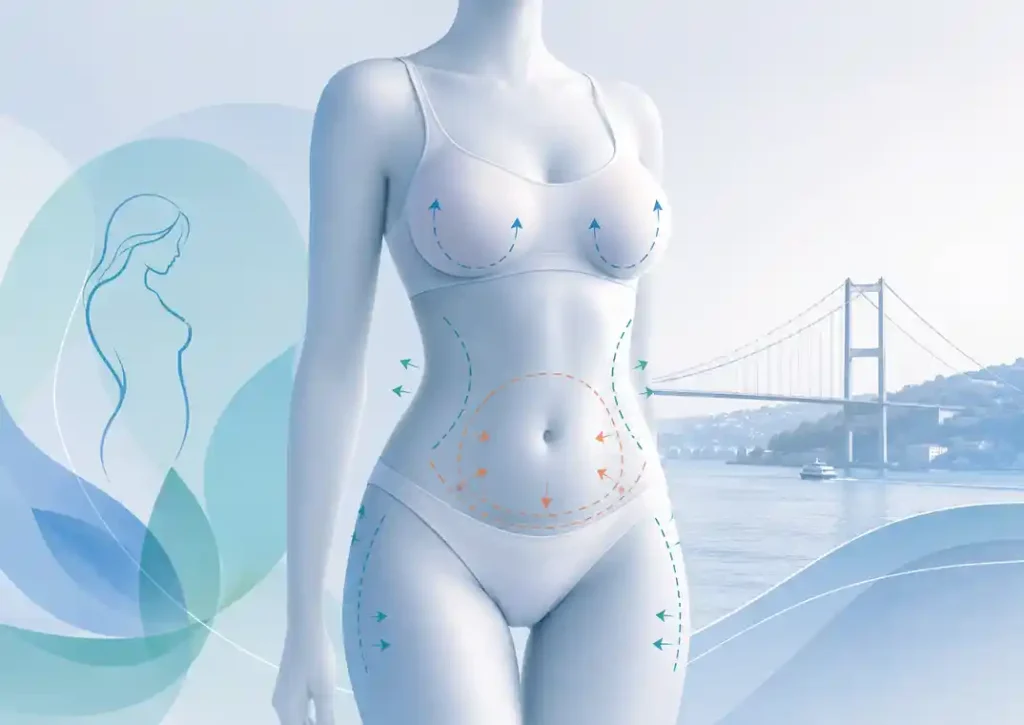 Symbolic illustration of mommy makeover surgery showing breast, abdomen, waist and thigh contouring with a subtle Bosphorus Bridge in the background.