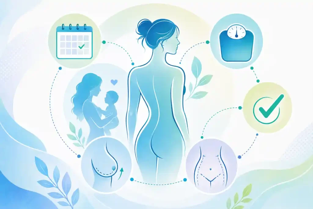 Medical infographic illustrating the ideal timing for mommy makeover surgery after pregnancy, showing stable weight, completed breastfeeding and personalised treatment planning.