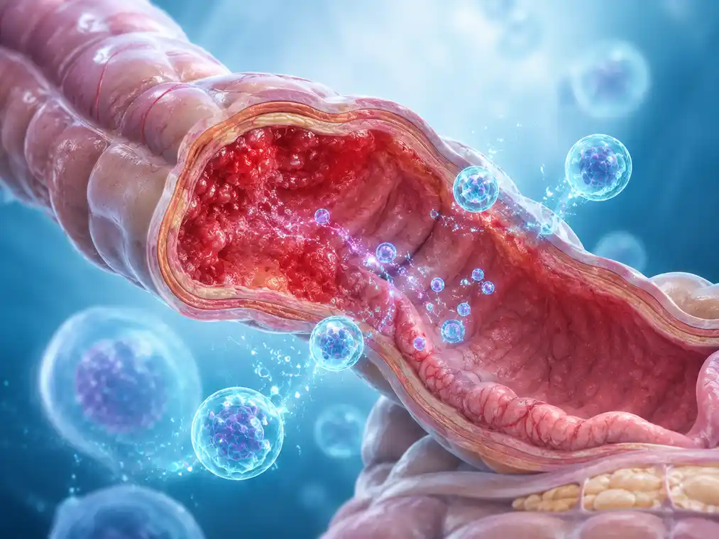 Stem cell therapy for Morbus Crohn concept showing inflamed intestinal tissue and regenerative medicine cells