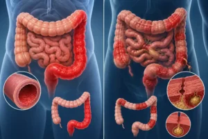 Morbus Crohn vs Ulcerative Colitis showing the different inflammation patterns, bowel involvement, and typical complications