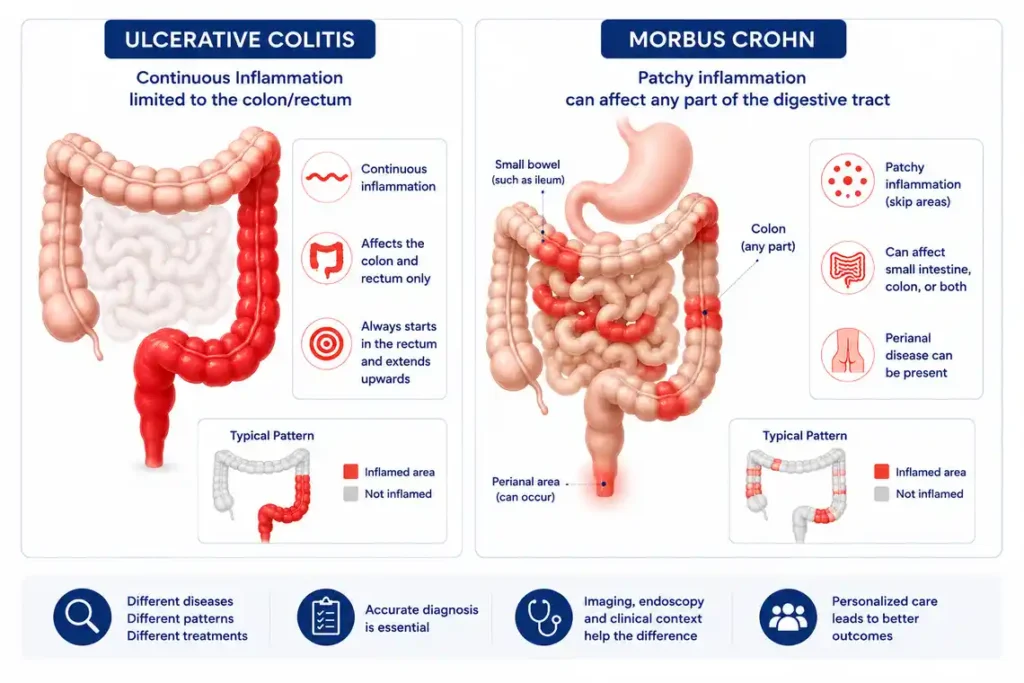 Morbus Crohn vs Ulcerative Colitis image showing different disease distribution patterns in the digestive tract