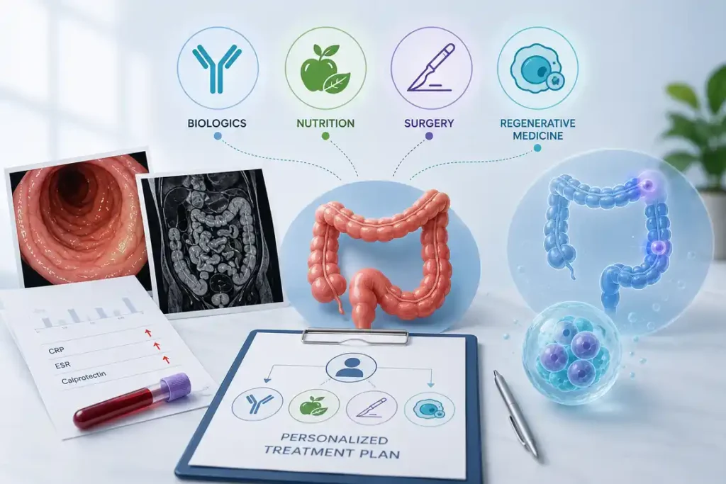 Morbus Crohn vs Ulcerative Colitis treatment planning image with colonoscopy, MRI, lab results, biologics, nutrition, surgery, and regenerative medicine concepts