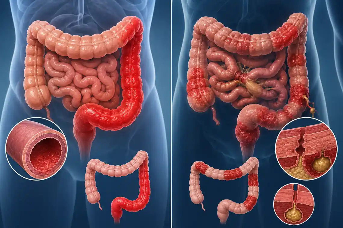 Morbus Crohn vs Ulcerative Colitis showing the different inflammation patterns, bowel involvement, and typical complications