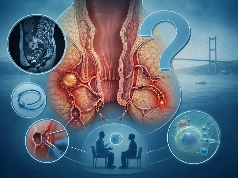 Medical illustration of perianal Crohn’s disease showing multiple fistula tracts, diagnostic imaging, treatment options, and a subtle Bosphorus Bridge in the background